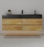 Natural Oak 60” Modern Floating Bathroom Vanity 4 Drawers– Single Basin - VanityBlack Marquina Gold Veins NeoNova Decor