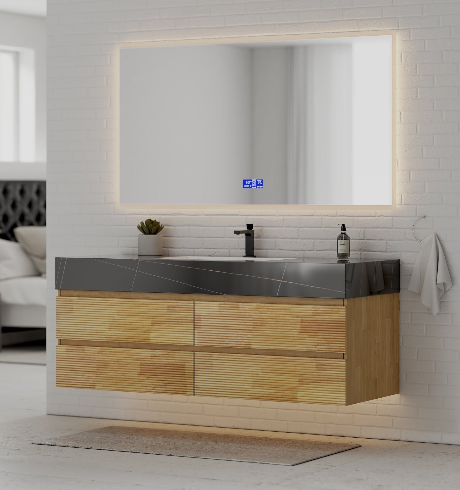 Natural Oak 60” Modern Floating Bathroom Vanity 4 Drawers– Single Basin - VanityBlack Marquina Gold Veins NeoNova Decor