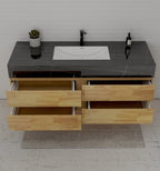 Natural Oak 60” Modern Floating Bathroom Vanity 4 Drawers– Single Basin - VanityBlack Marquina Gold Veins NeoNova Decor