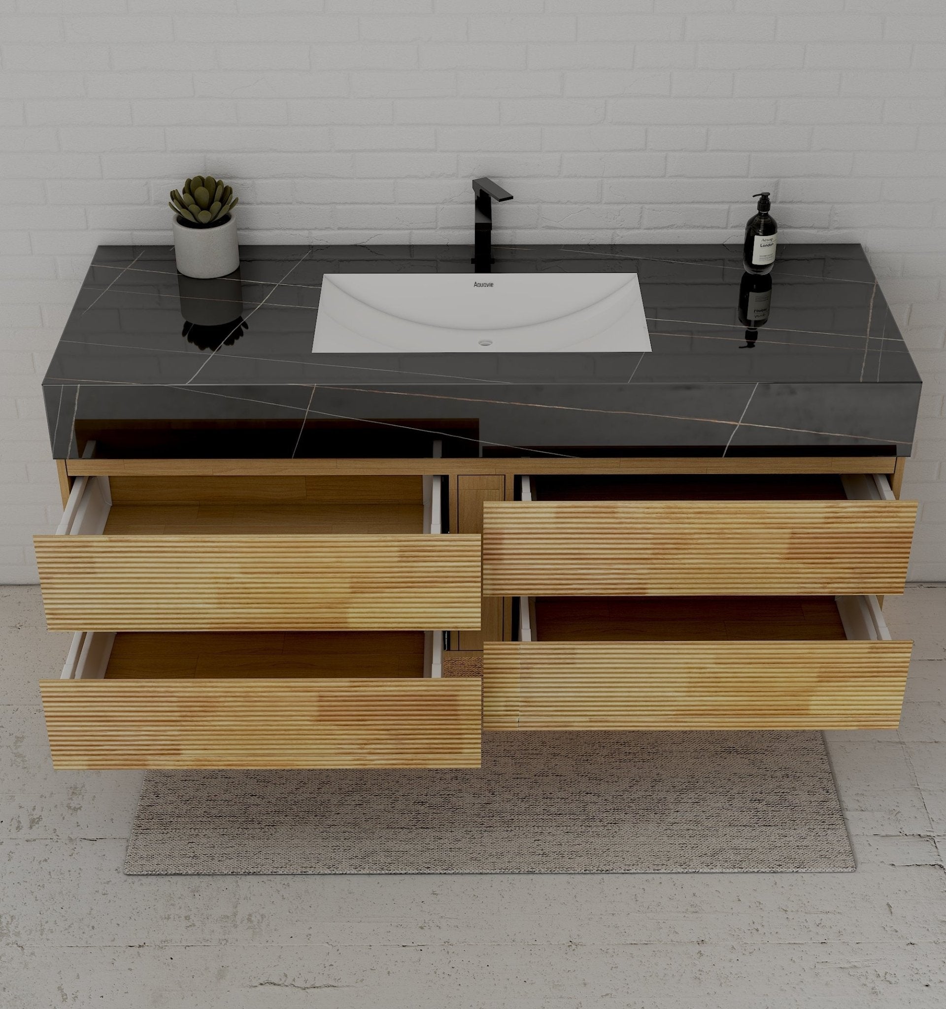 Natural Oak 60” Modern Floating Bathroom Vanity 4 Drawers– Single Basin - VanityBlack Marquina Gold Veins NeoNova Decor