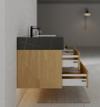 Natural Oak 60” Modern Floating Bathroom Vanity 4 Drawers– Single Basin - VanityBlack Marquina Gold Veins NeoNova Decor