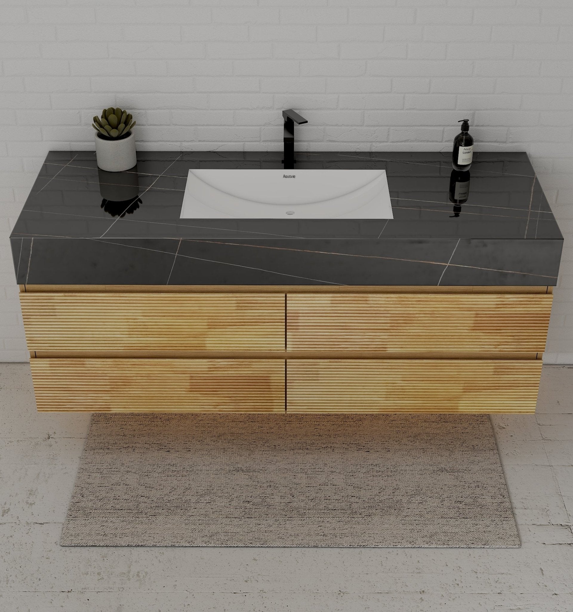 Natural Oak 60” Modern Floating Bathroom Vanity 4 Drawers– Single Basin - VanityBlack Marquina Gold Veins NeoNova Decor