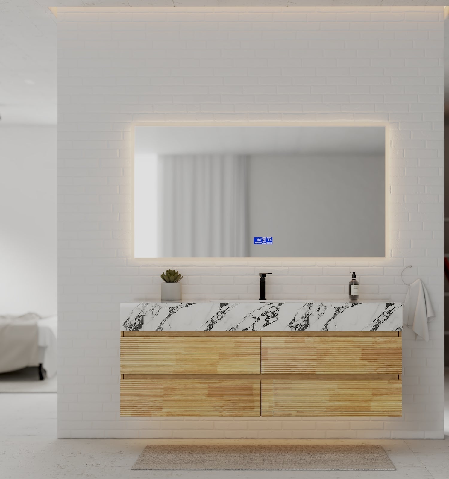 Natural Oak 60” Modern Floating Bathroom Vanity 4 Drawers– Single Basin - VanityCalacatta Black NeoNova Decor