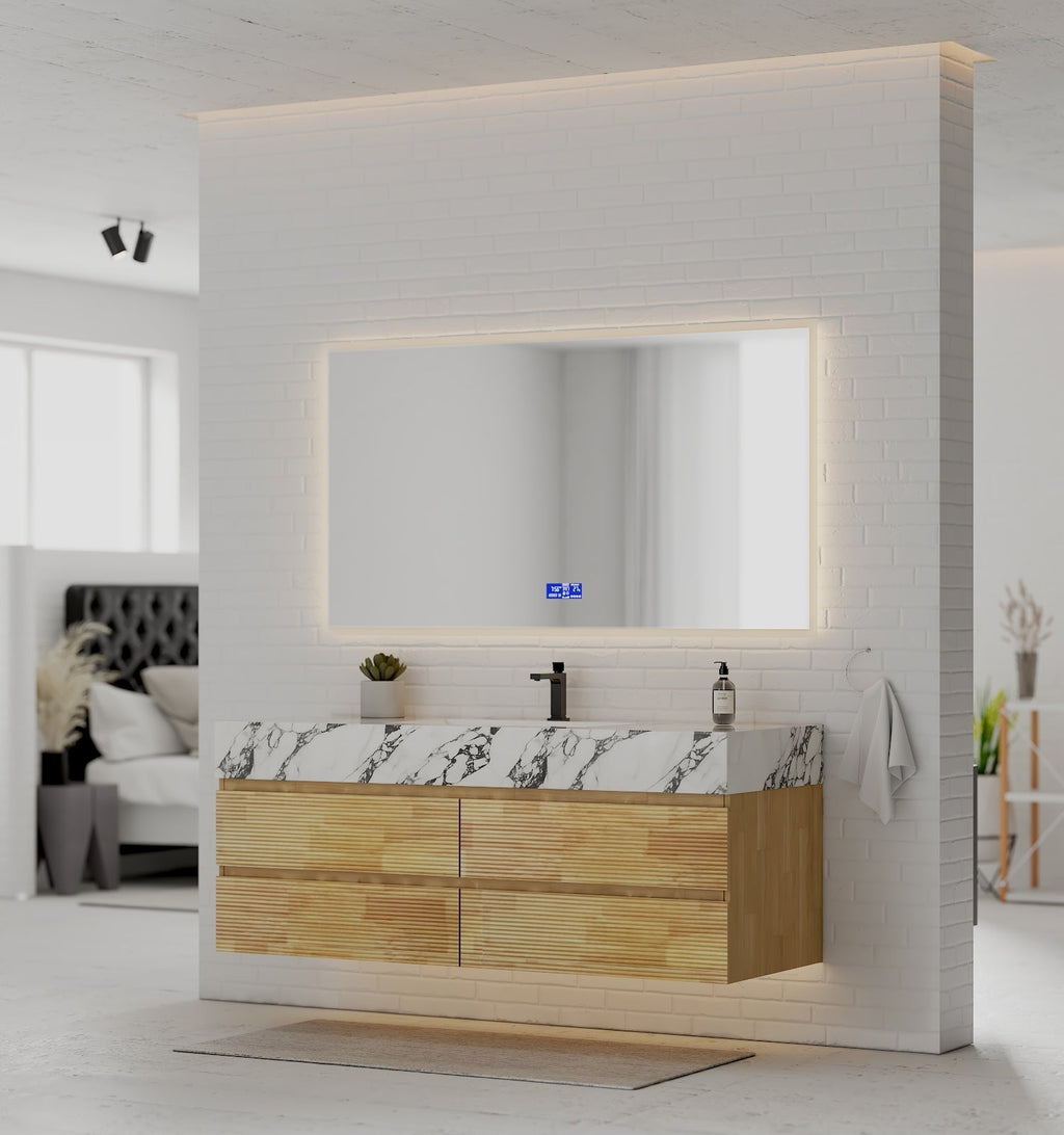 Natural Oak 60” Modern Floating Bathroom Vanity 4 Drawers– Single Basin - VanityCalacatta Black NeoNova Decor