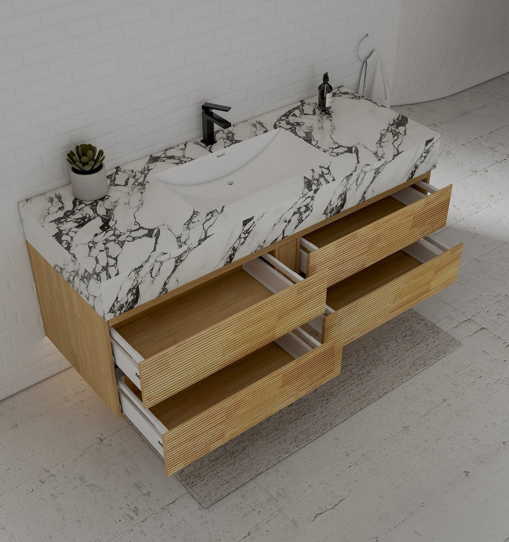 Natural Oak 60” Modern Floating Bathroom Vanity 4 Drawers– Single Basin - VanityCalacatta Black NeoNova Decor