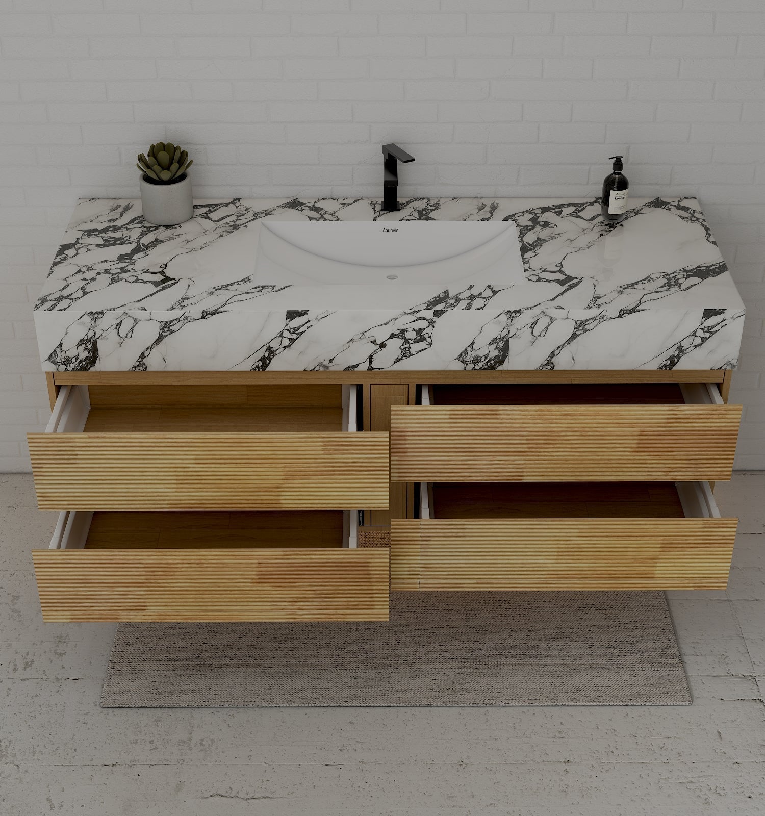 Natural Oak 60” Modern Floating Bathroom Vanity 4 Drawers– Single Basin - VanityCalacatta Black NeoNova Decor