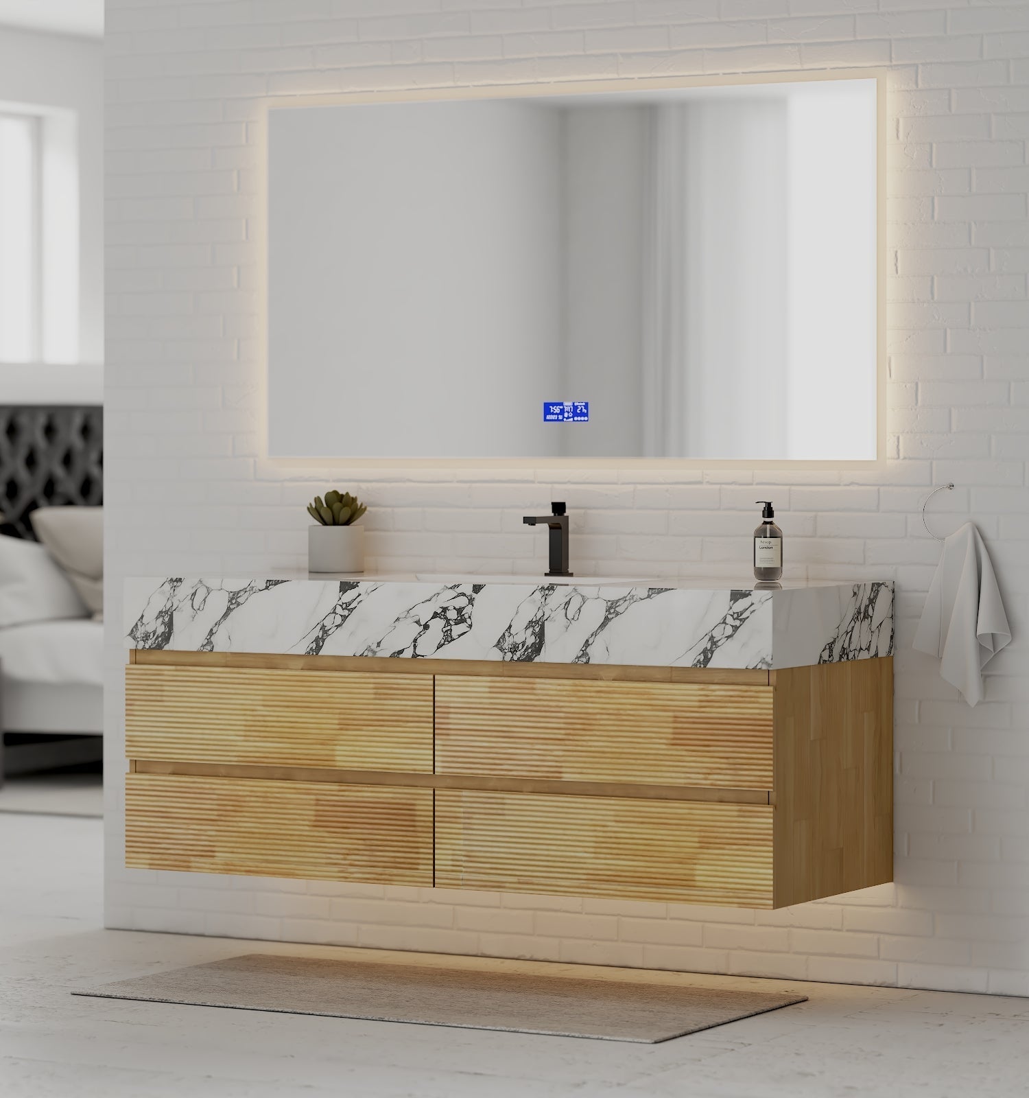 Natural Oak 60” Modern Floating Bathroom Vanity 4 Drawers– Single Basin - VanityCalacatta Black NeoNova Decor