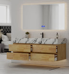 Natural Oak 60” Modern Floating Bathroom Vanity 4 Drawers– Single Basin - VanityCalacatta Black NeoNova Decor