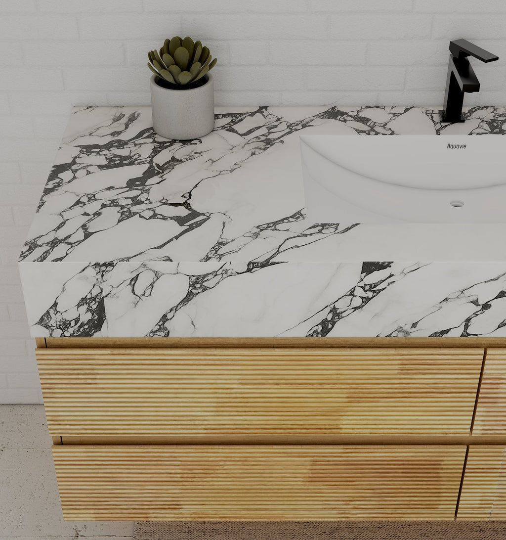 Natural Oak 60” Modern Floating Bathroom Vanity 4 Drawers– Single Basin - VanityCalacatta Black NeoNova Decor