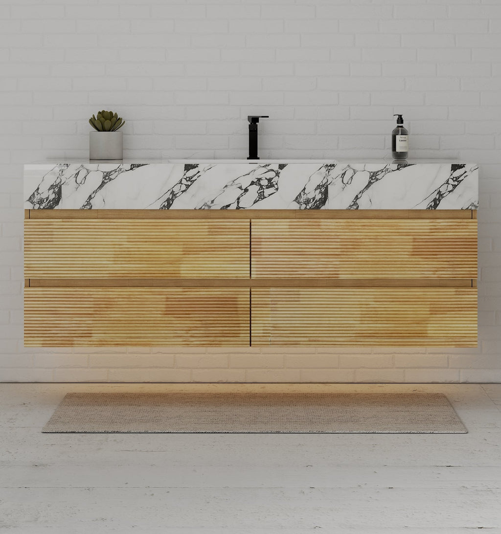 Natural Oak 60” Modern Floating Bathroom Vanity 4 Drawers– Single Basin - VanityCalacatta Black NeoNova Decor