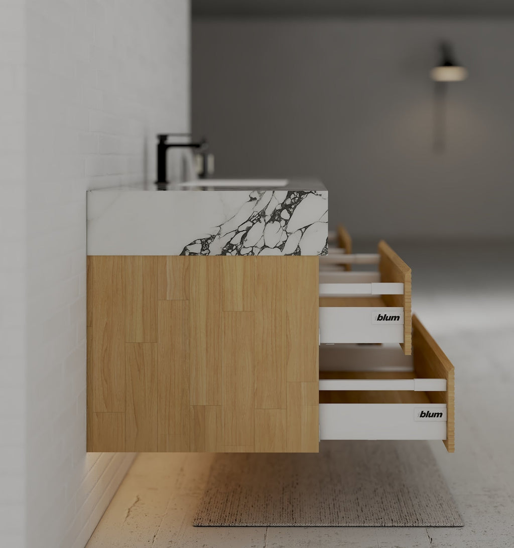 Natural Oak 60” Modern Floating Bathroom Vanity 4 Drawers– Single Basin - VanityCalacatta Black NeoNova Decor