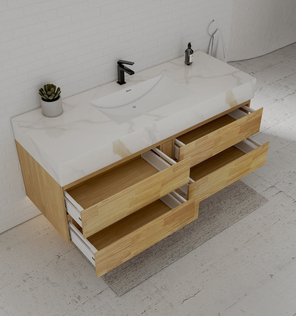 Natural Oak 60” Modern Floating Bathroom Vanity 4 Drawers– Single Basin - VanityCalacatta Gold NeoNova Decor