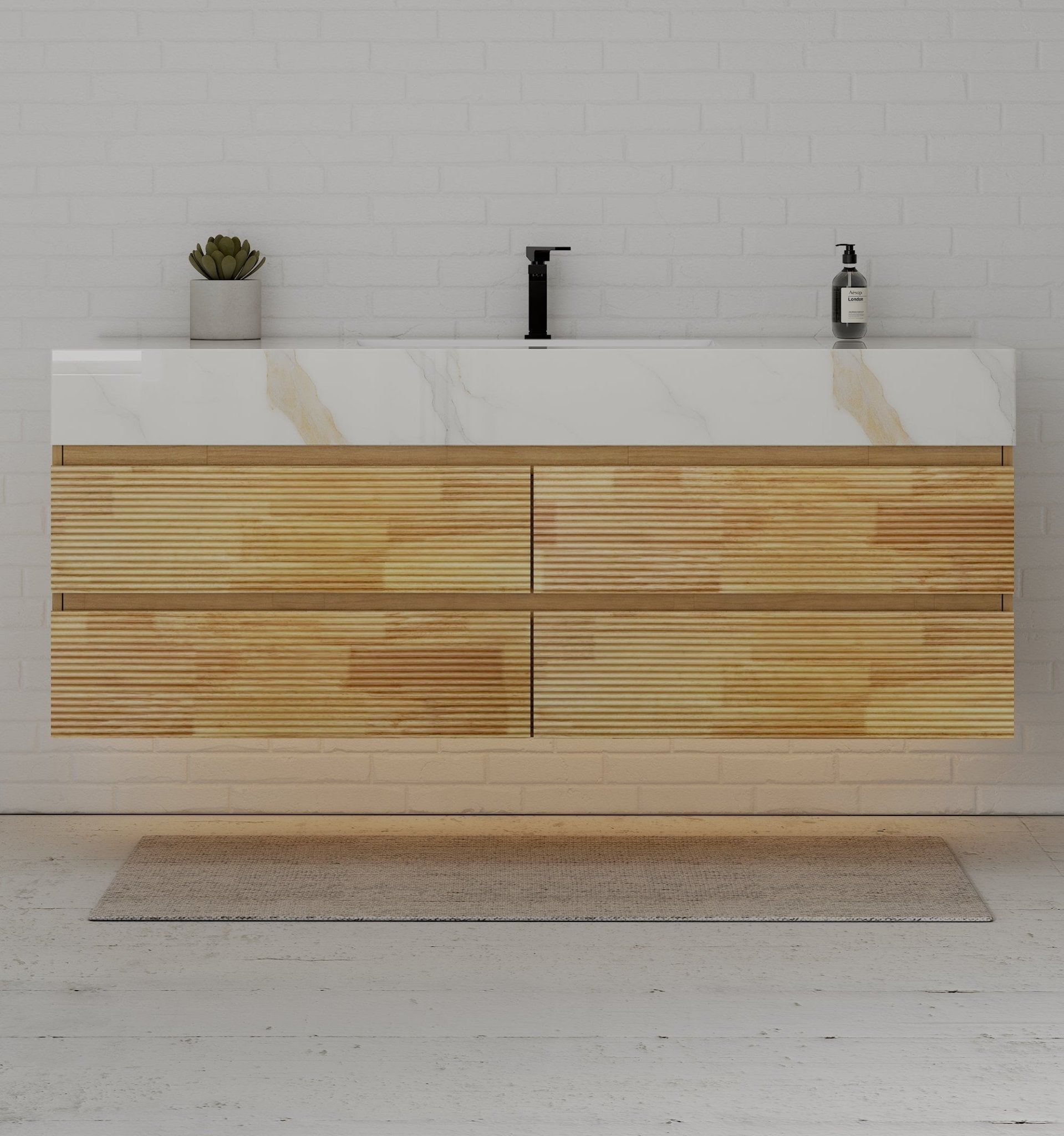 Natural Oak 60” Modern Floating Bathroom Vanity 4 Drawers– Single Basin - VanityCalacatta Gold NeoNova Decor