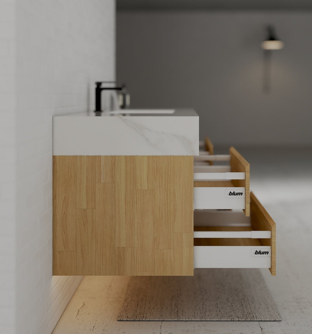 Natural Oak 60” Modern Floating Bathroom Vanity 4 Drawers– Single Basin - VanityCalacatta Gold NeoNova Decor