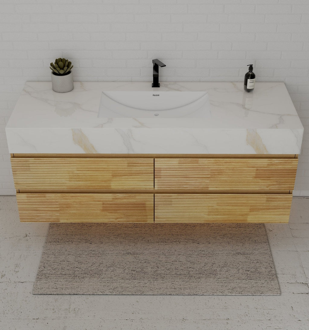 Natural Oak 60” Modern Floating Bathroom Vanity 4 Drawers– Single Basin - VanityCalacatta Gold NeoNova Decor