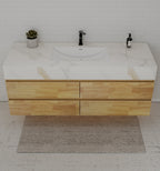 Natural Oak 60” Modern Floating Bathroom Vanity 4 Drawers– Single Basin - VanityCalacatta Gold NeoNova Decor