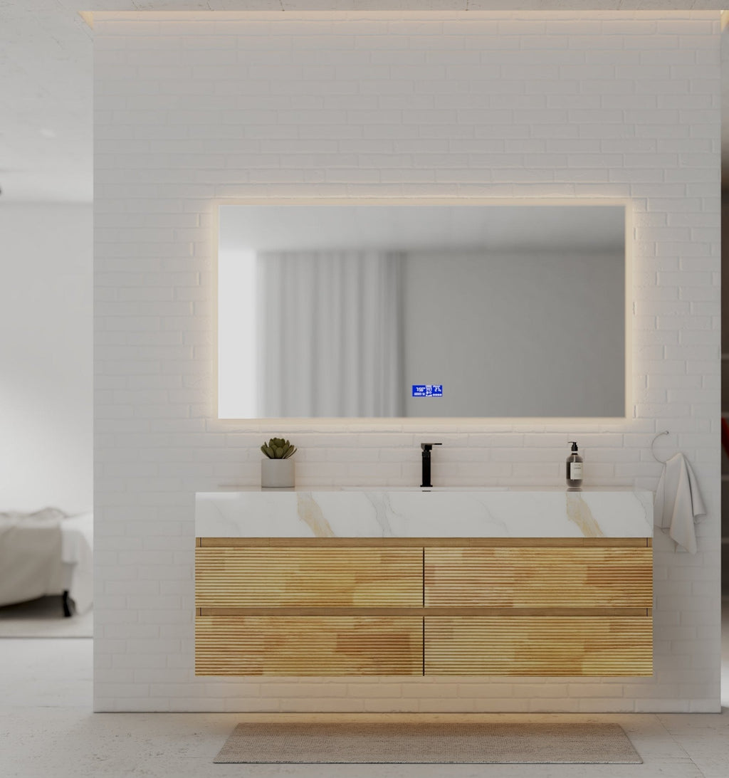 Natural Oak 60” Modern Floating Bathroom Vanity 4 Drawers– Single Basin - VanityCalacatta Gold NeoNova Decor