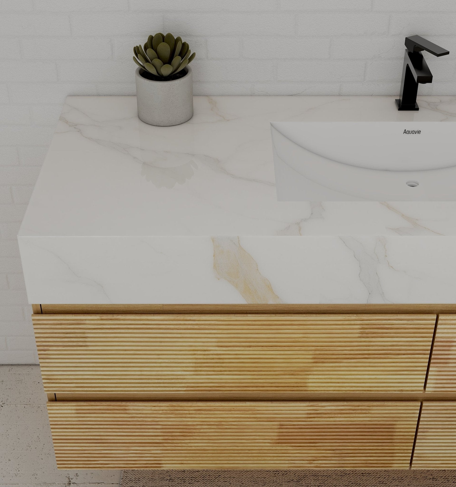 Natural Oak 60” Modern Floating Bathroom Vanity 4 Drawers– Single Basin - VanityCalacatta Gold NeoNova Decor
