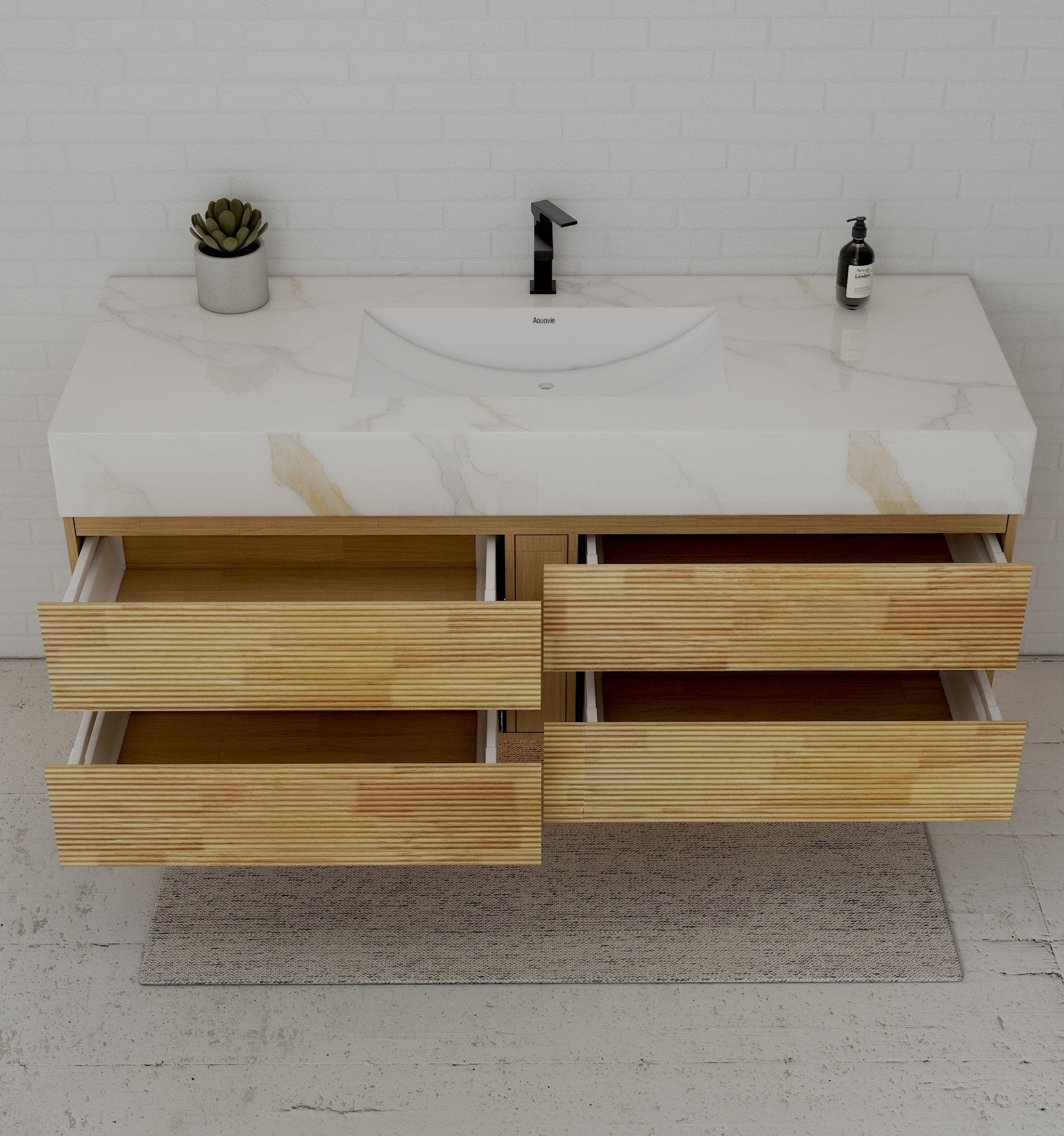 Natural Oak 60” Modern Floating Bathroom Vanity 4 Drawers– Single Basin - VanityCalacatta Gold NeoNova Decor