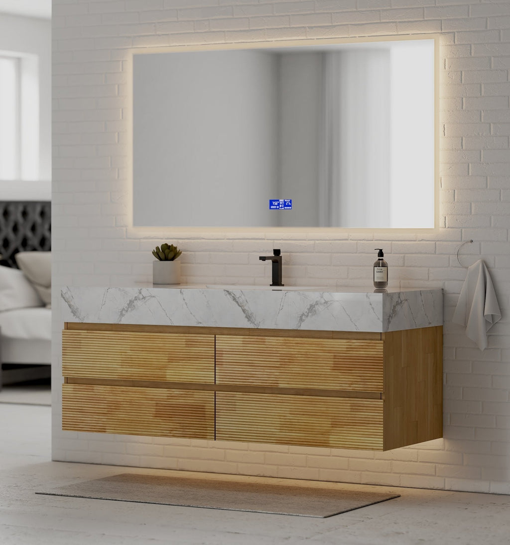 Natural Oak 60” Modern Floating Bathroom Vanity 4 Drawers– Single Basin - VanityIce Grey NeoNova Decor