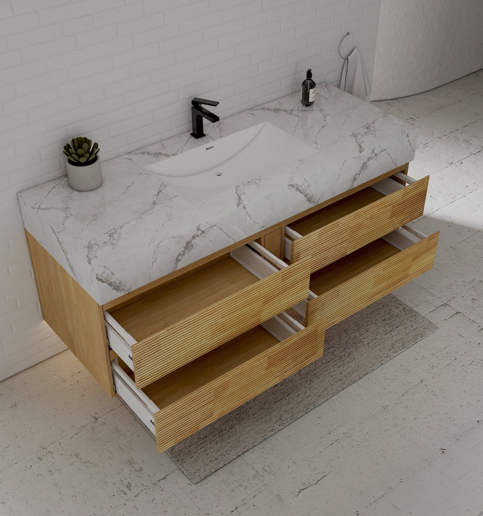 Natural Oak 60” Modern Floating Bathroom Vanity 4 Drawers– Single Basin - VanityIce Grey NeoNova Decor