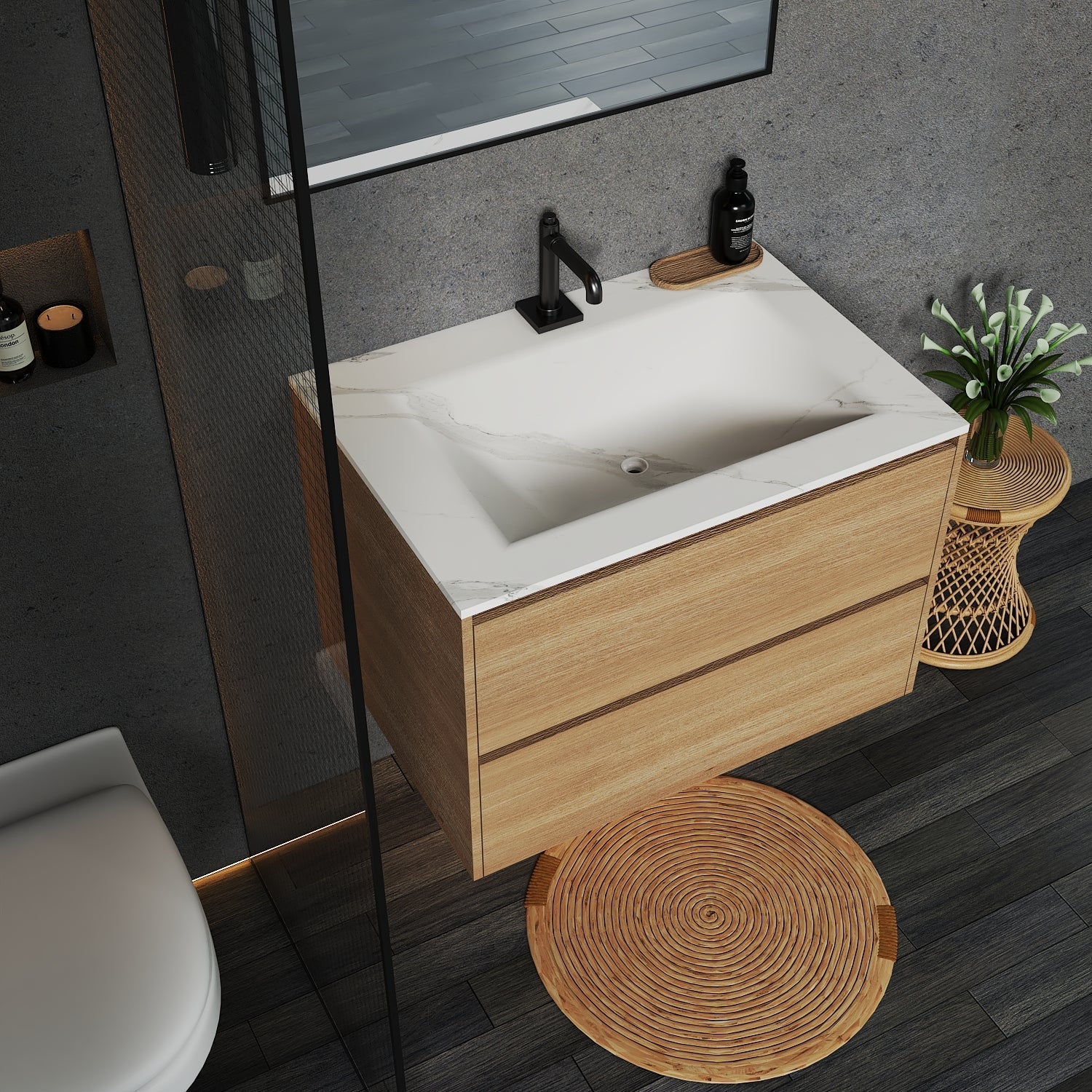 Thermoformed Sintered Stone Top with Elegant Floating Bathroom Vanity - VanityHHT NeoNova Decor