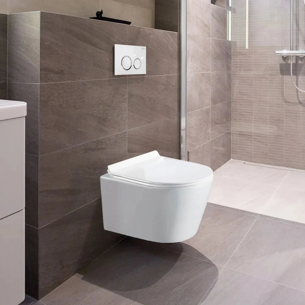 Wall - Mounted Rimless Toilet with Soft Close UF Seat Cover, Dual - Flush Mechanism, and Glossy White Finish - toilet NeoNova Decor